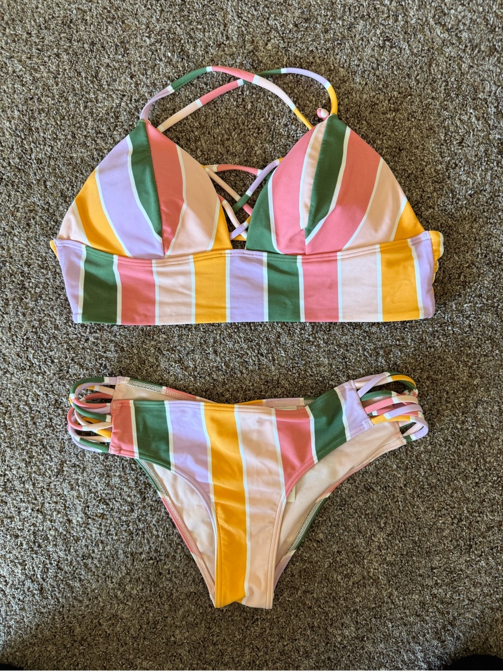 Women’s Multicolor Striped Bikini Set - Pink Green Yellow
